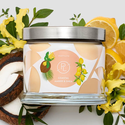 PartyLite Coastal Amber & Shea Scented, Notes of Ylang Flower, Citron, Sweet Coconut & Amber Creme