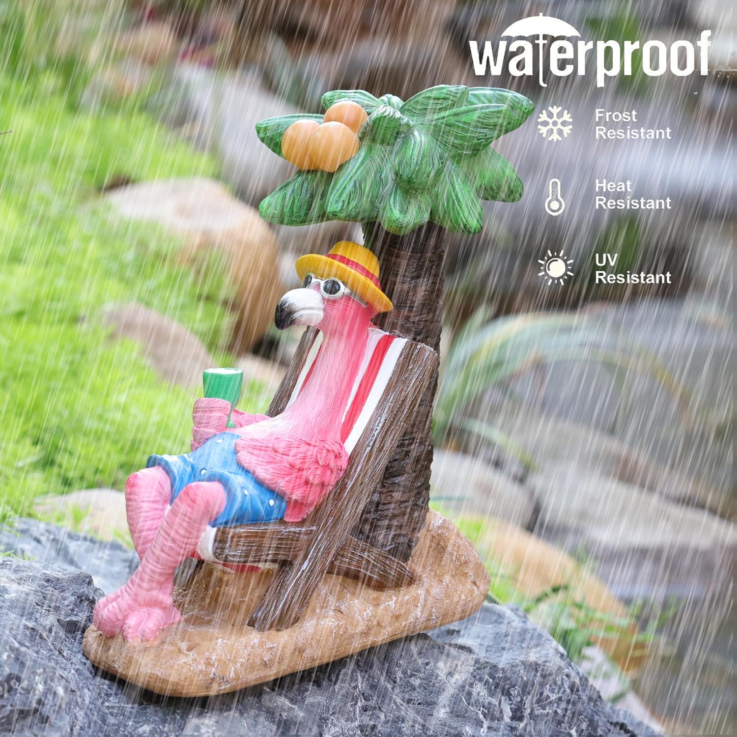 Pink Flamingos for Yard-Solar Garden Statues Gifts - Flamingos on Beach Vacation Light up Coconut
