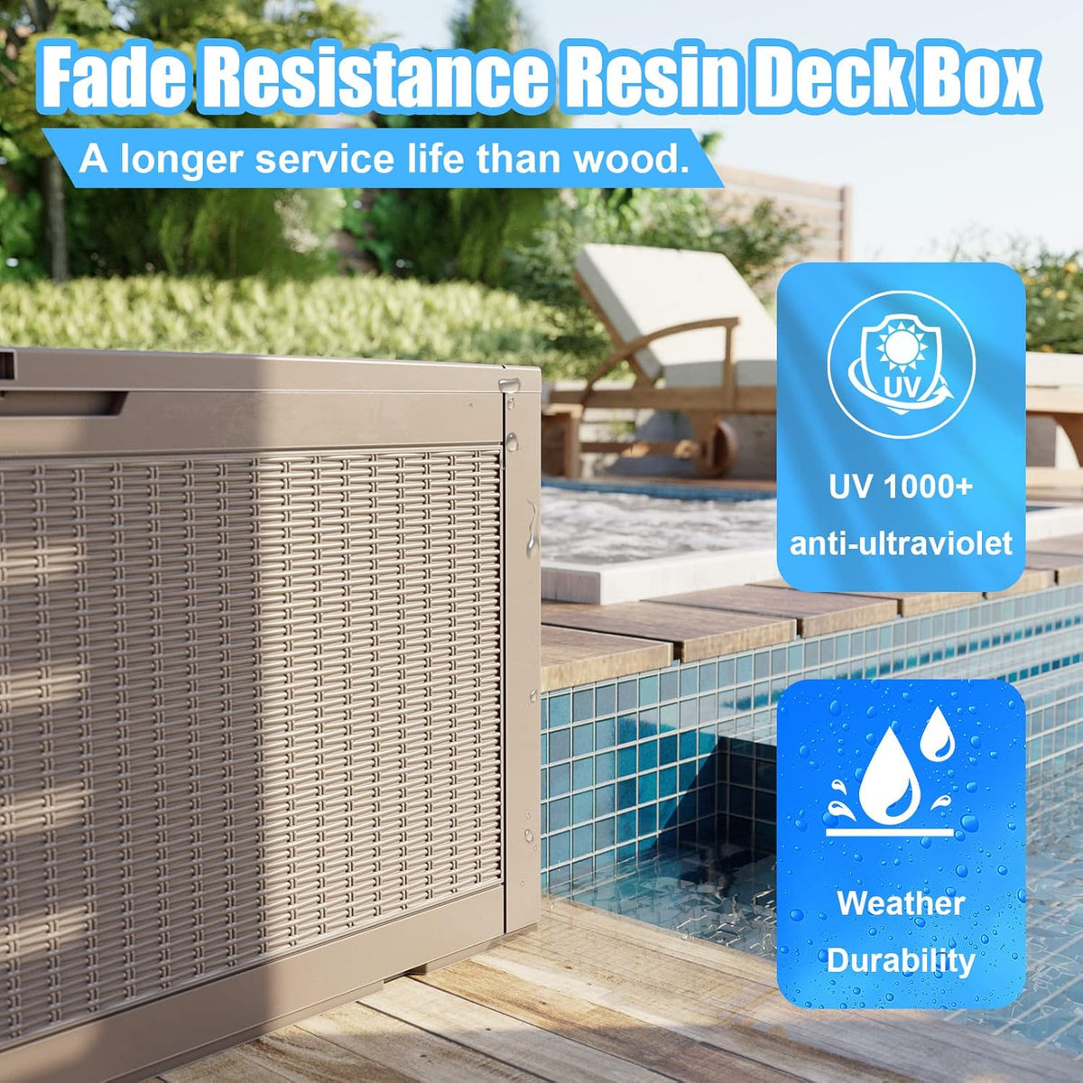 DRATO 260 Gallon Deck Box, Outdoor Large Waterproof Resin Storage Box with Lockable Lid for Patio