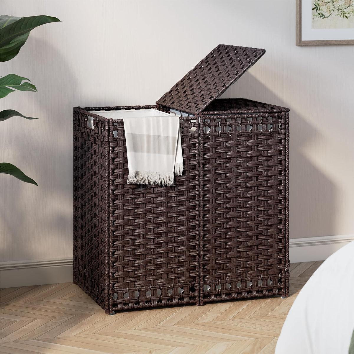 130L Foldable Laundry Hamper with Lid - Handwoven Rattan Storage Basket, 2-Section Clothes Hamper