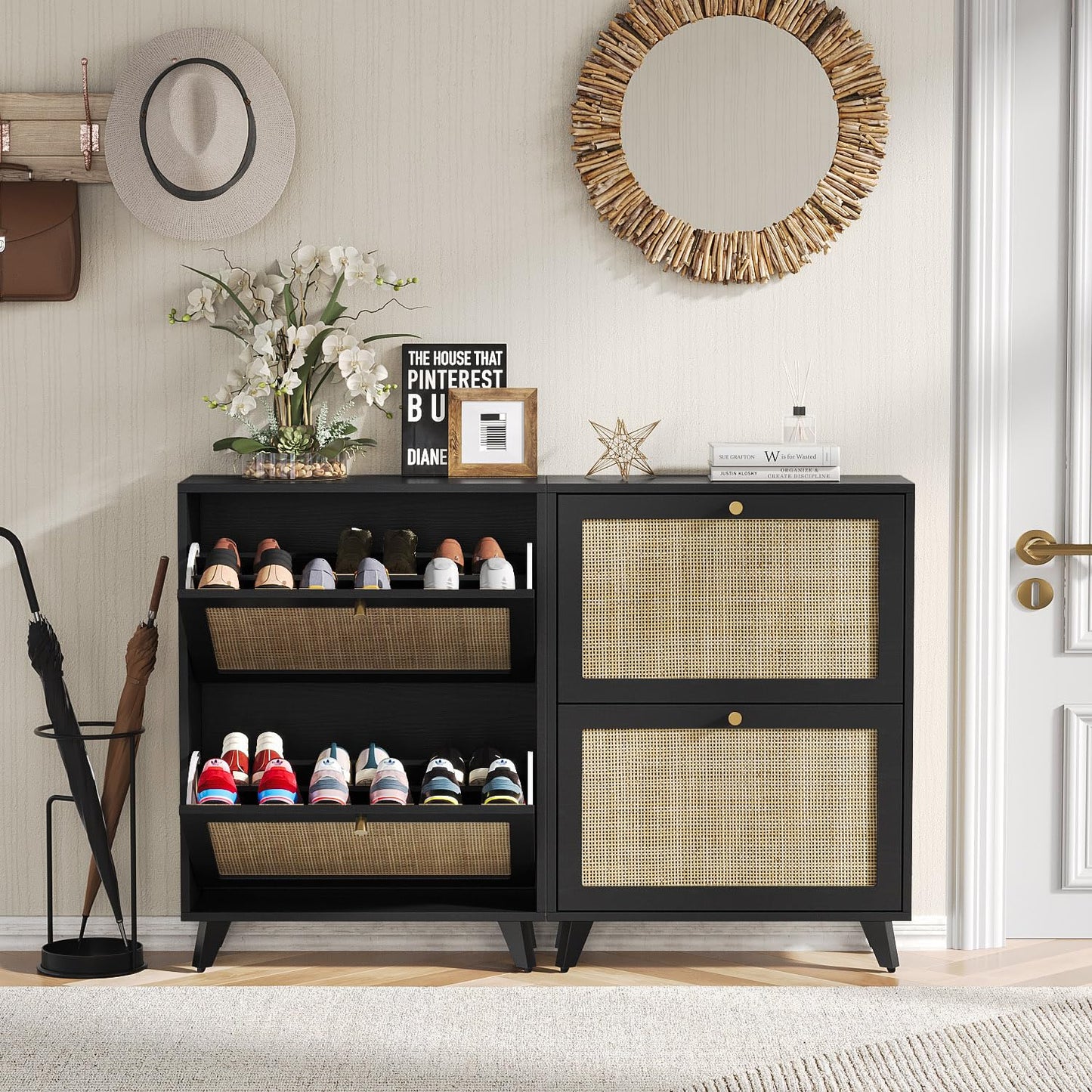 Angel Sar Rattan Shoe Cabinet for Entryway, Slim Shoe Storage Cabinet