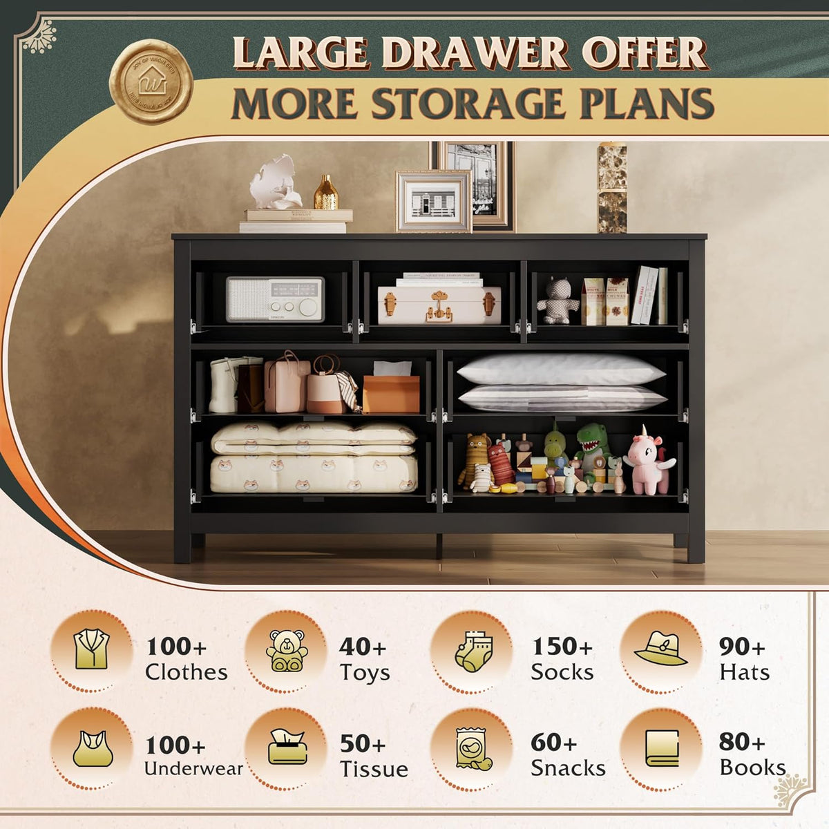 WLIVE Farmhouse Dresser for Bedroom, 51.18'' Wide 7 Drawer Wood Dresser, Black TV Stand for 65 inch