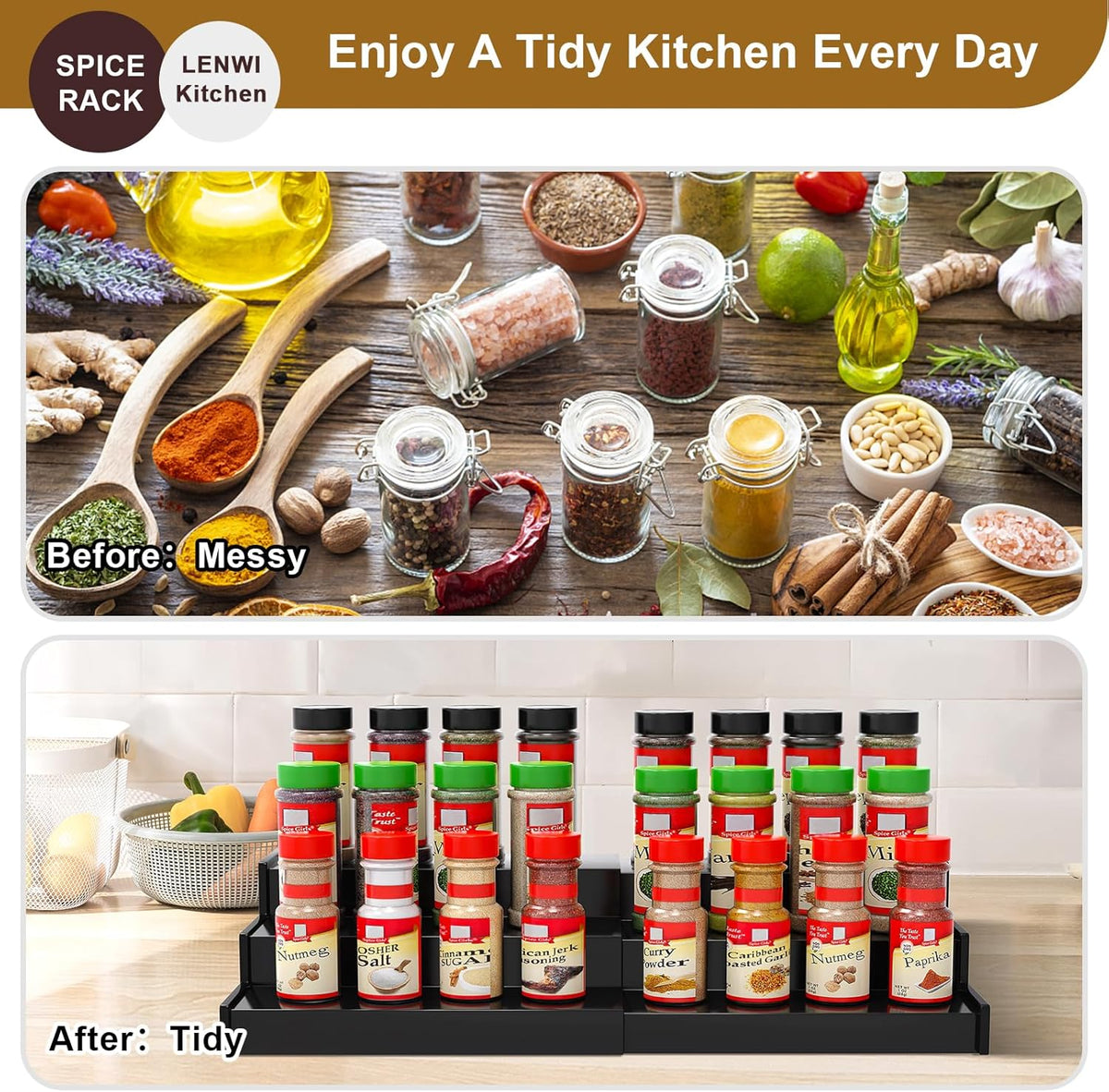 Spice Rack Organizer for Cabinet, 3 Tier Expandable Bamboo Spice Storage, Great for Kitchen
