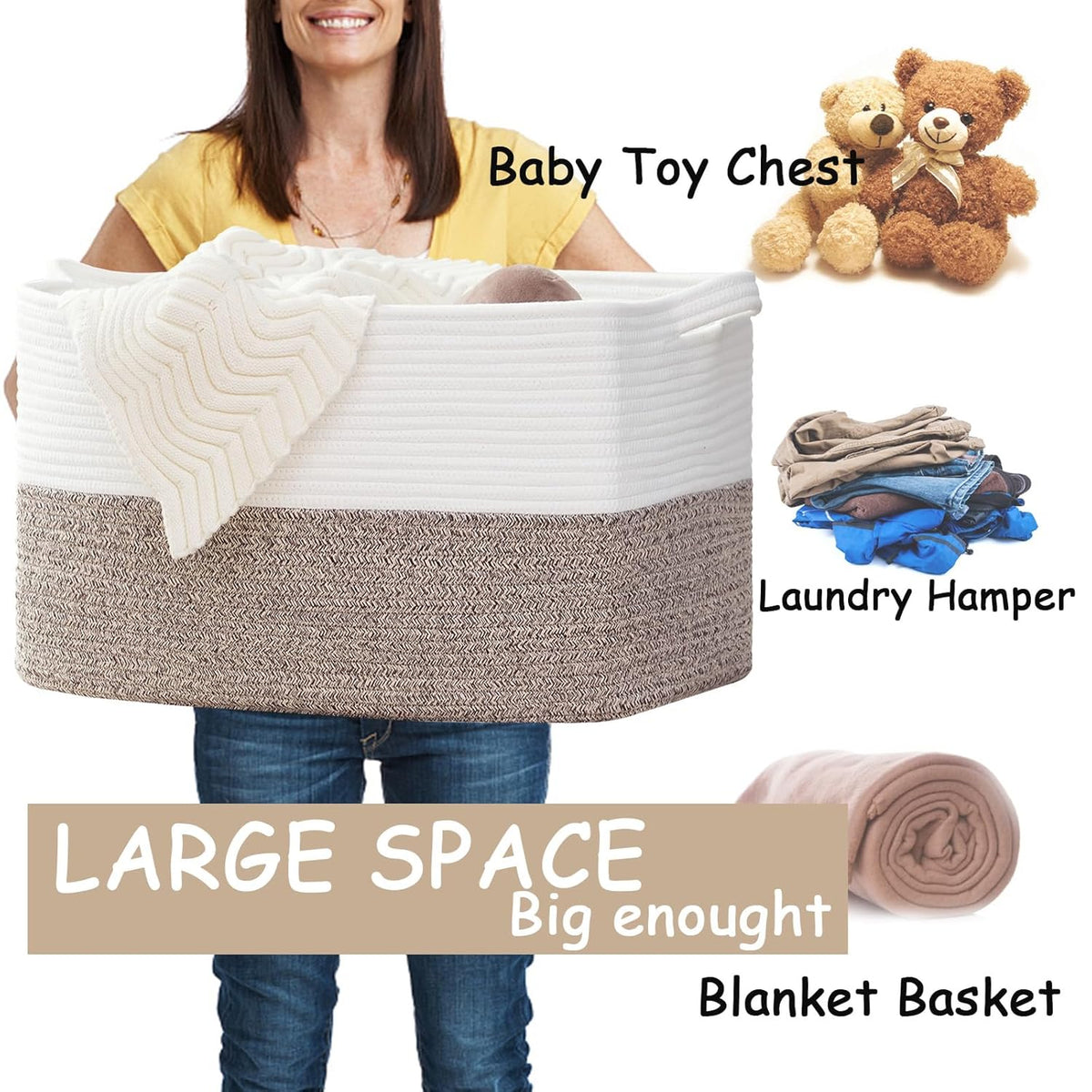 COMFY-HOMI Large Laundry for Organizing|Rectangle Cotton Rope Storage with Handles|Blanket for
