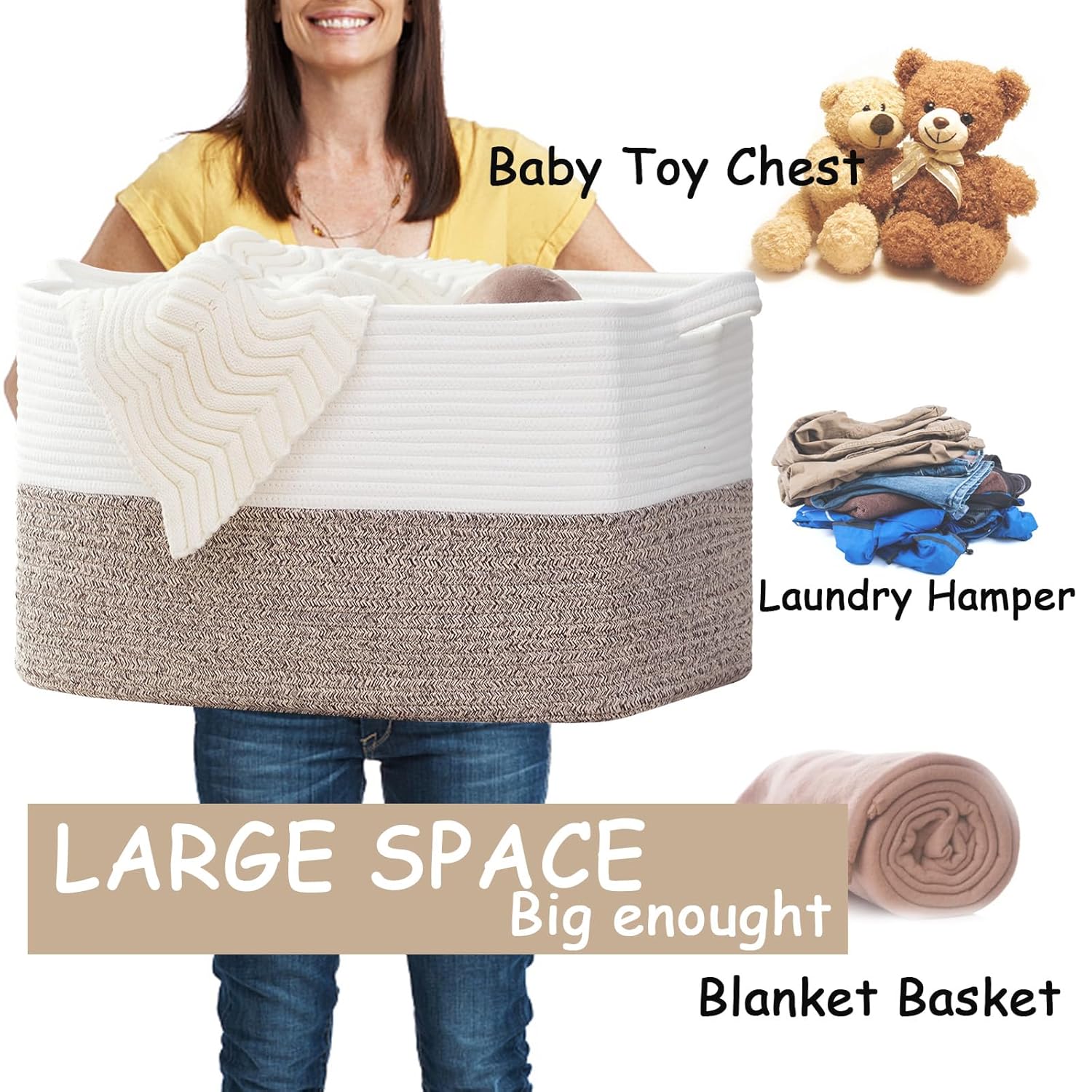 COMFY-HOMI Large Laundry for Organizing|Rectangle Cotton Rope Storage with Handles|Blanket for