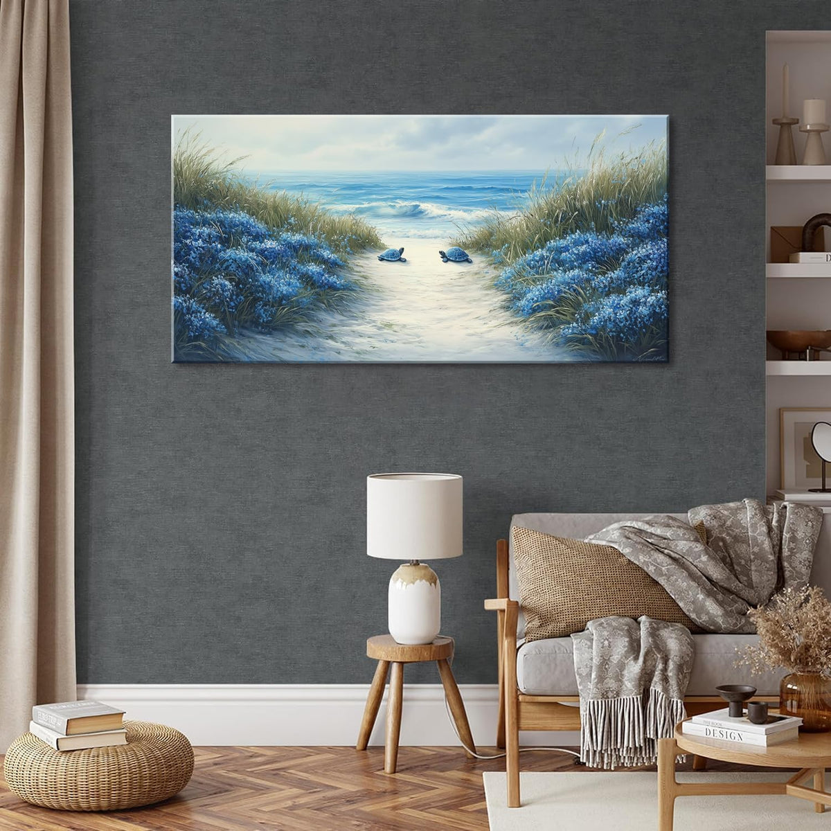 LASMOND Romantic Beach Wall Art for Living Room Blue Sea Turtle Lovers Canvas Painting Prints Ocean