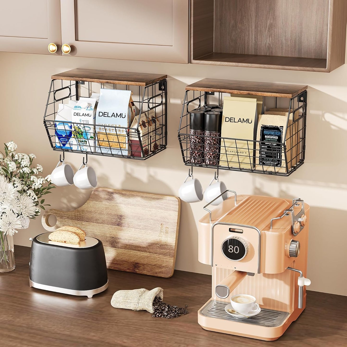 Delamu 2-Pack Stackable Metal Fruit Basket with Wood Lid-Wall Mounted & Countertop Organizer for