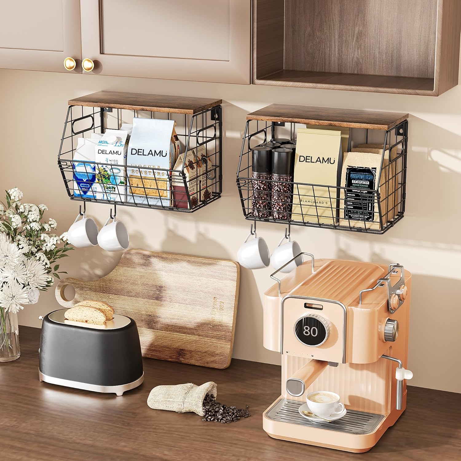 Delamu 2-Pack Stackable Metal Fruit Basket with Wood Lid-Wall Mounted & Countertop Organizer for