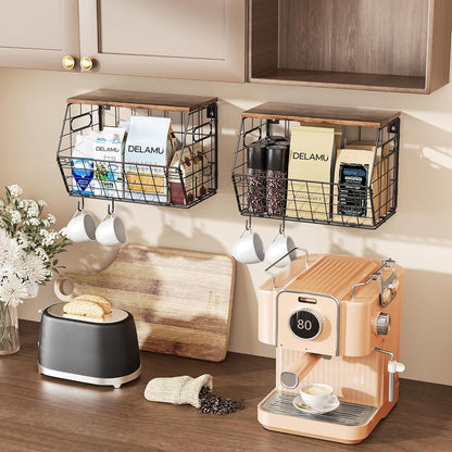 Delamu 2-Pack Stackable Metal Fruit Basket with Wood Lid-Wall Mounted & Countertop Organizer for