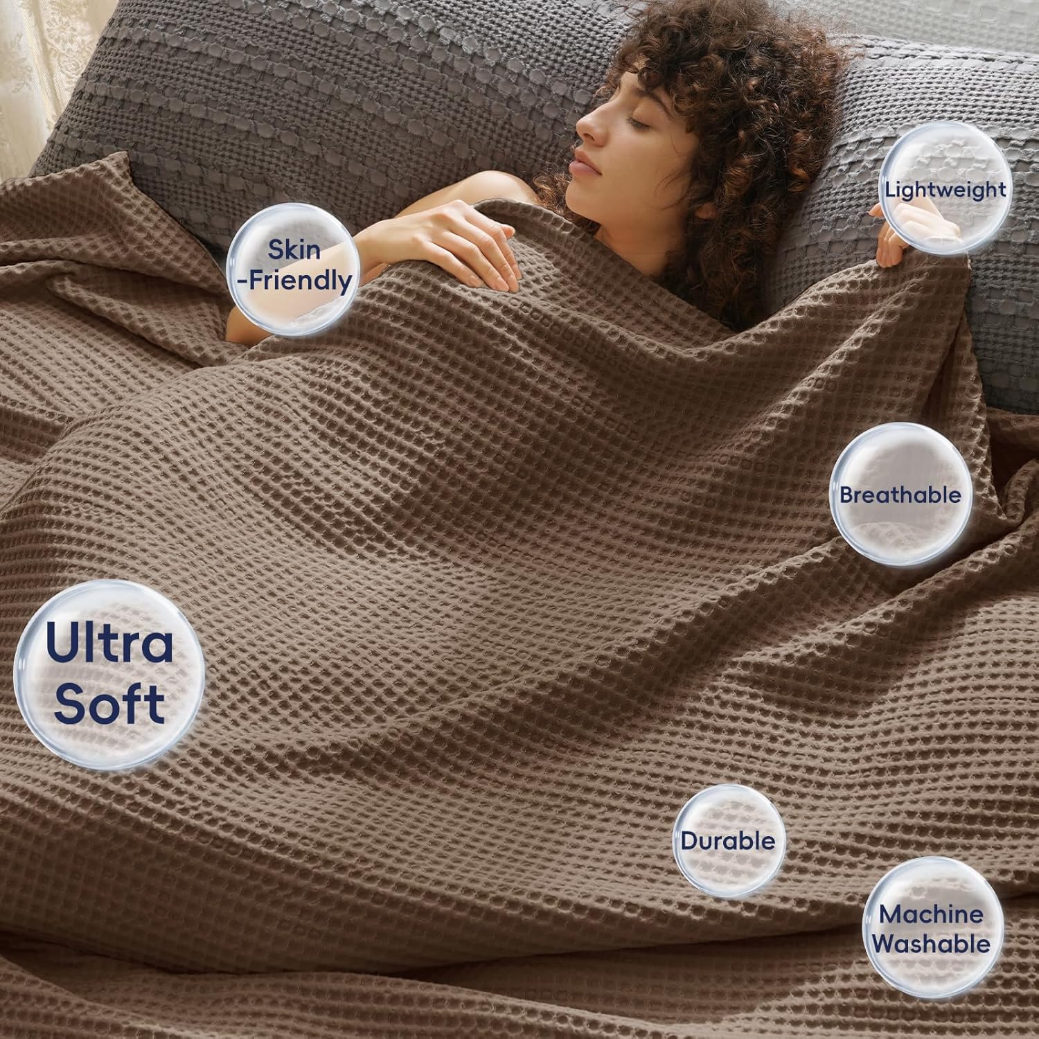 PHF Ultra Soft Waffle Weave Blanket Queen Size 90"x 90"- Washed Lightweight Breathable Cozy Woven