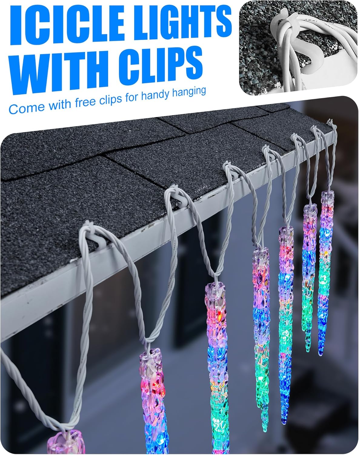 Minetom Icicle Lights Outdoor with Clips, 20ft 100 LED 20 Tubes Twinkling Crystal Icicle String