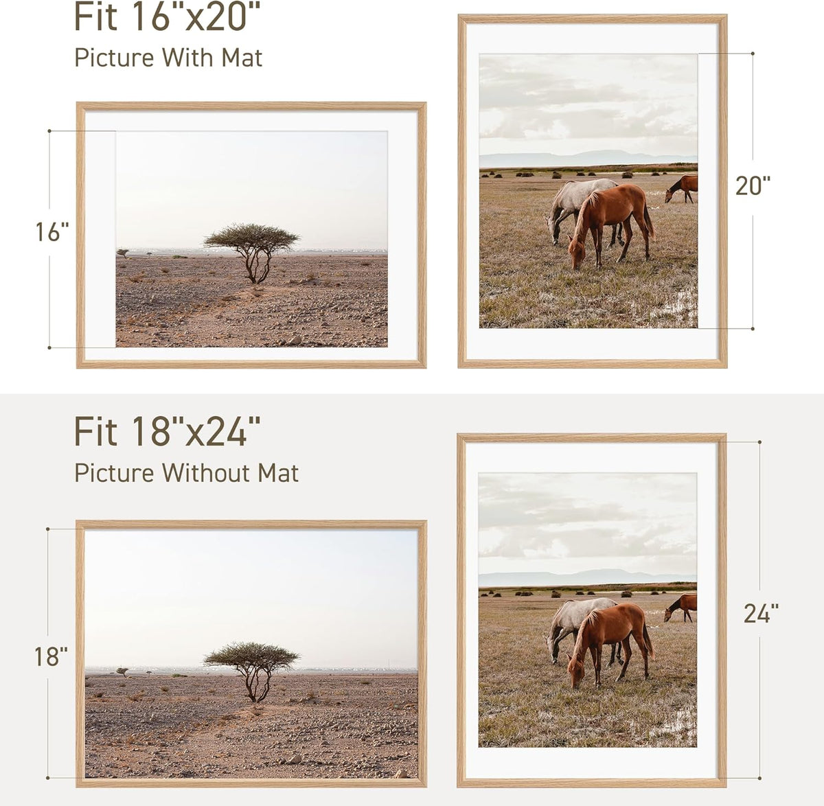 18x24 Poster Frame Set of 4 Natural Solid Oak Photo Frames with 16x20 Removable Mat Wall Hanging