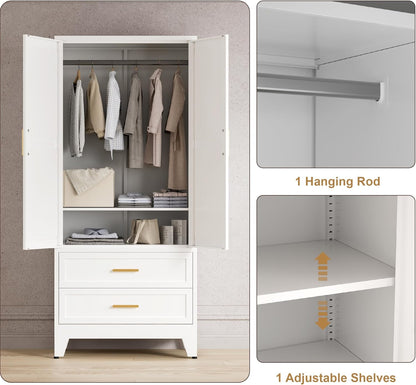 71'' Farmhouse Metal Wardrobe Cabinet with Hanging Rod, 2 Barn Door Wardrobe Closet with Adjustable