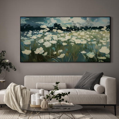 SIGNWIN 36"x72" Extra Large Framed Wall Art White Wildflower Field in Impressionist Style, Soft