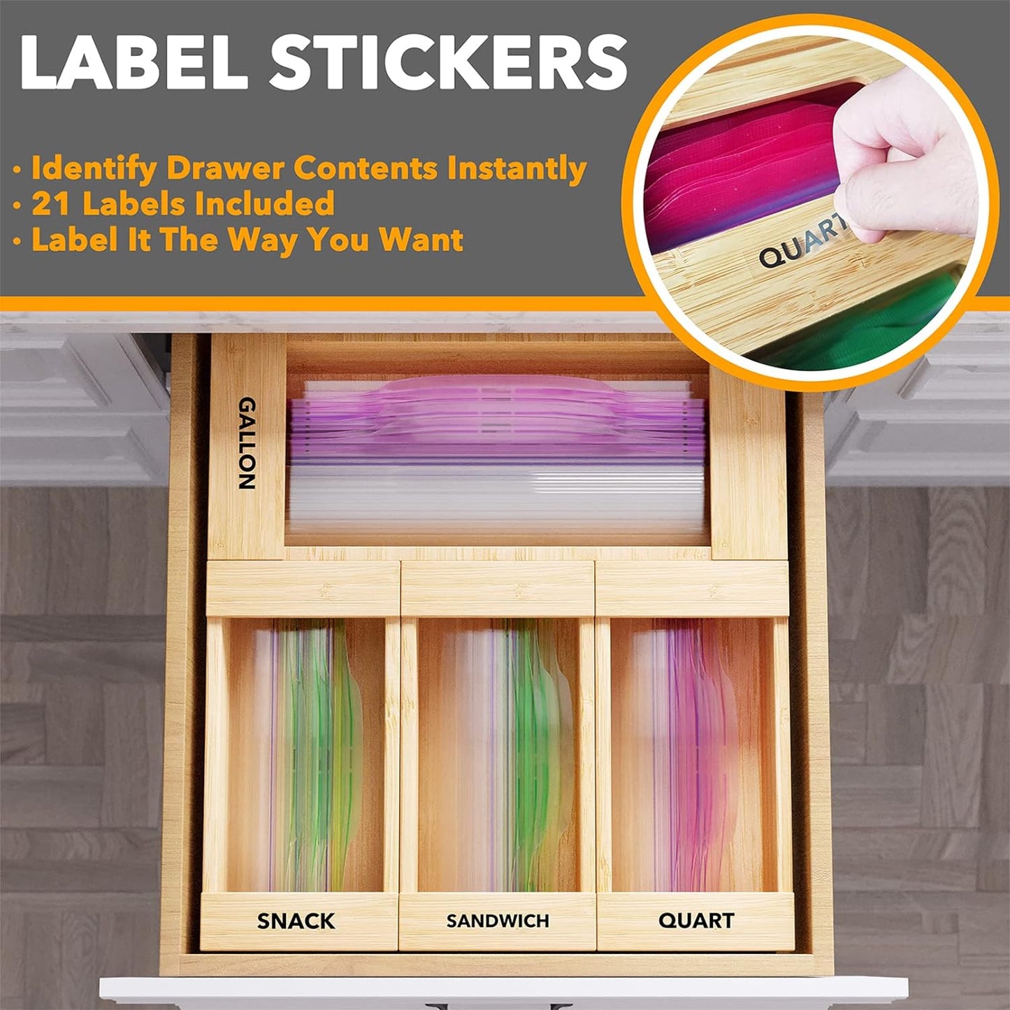 SpaceAid Bag Storage Organizer for Kitchen Drawer, Bamboo Organizer, Compatible with Gallon, Quart