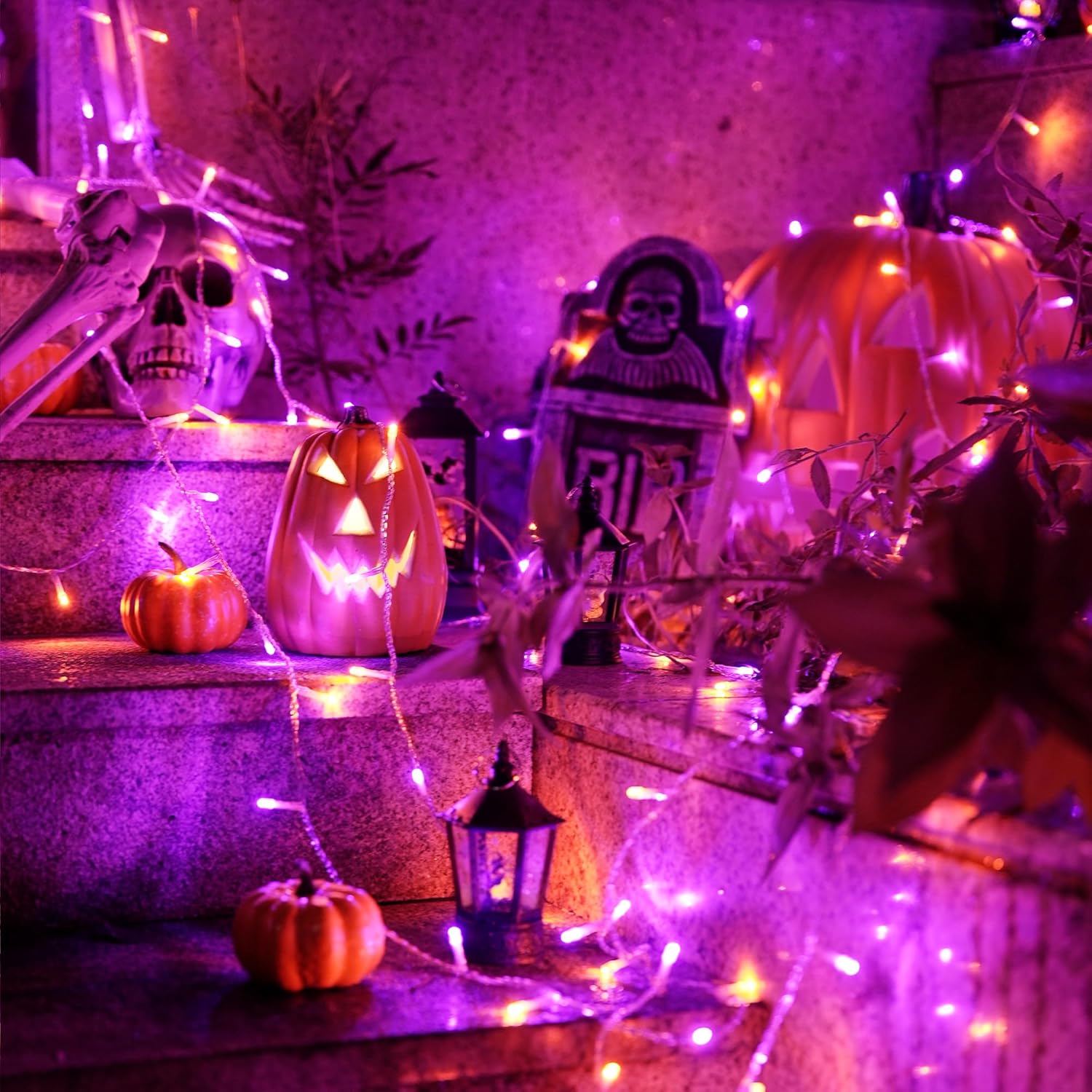 JMEXSUSS 33 FT 100 LED Halloween String Lights Indoor, Orange and Purple Halloween Lights Clear