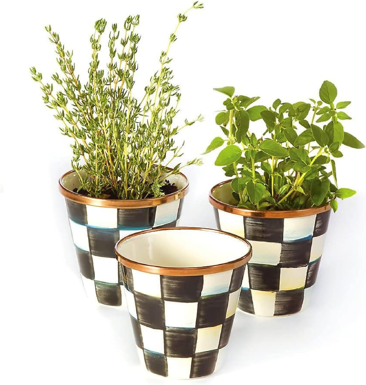 MACKENZIE-CHILDS Enamel Herb Pots, Small Plant Pots for Herbs or Flowers, Set of 3, Black-and-White
