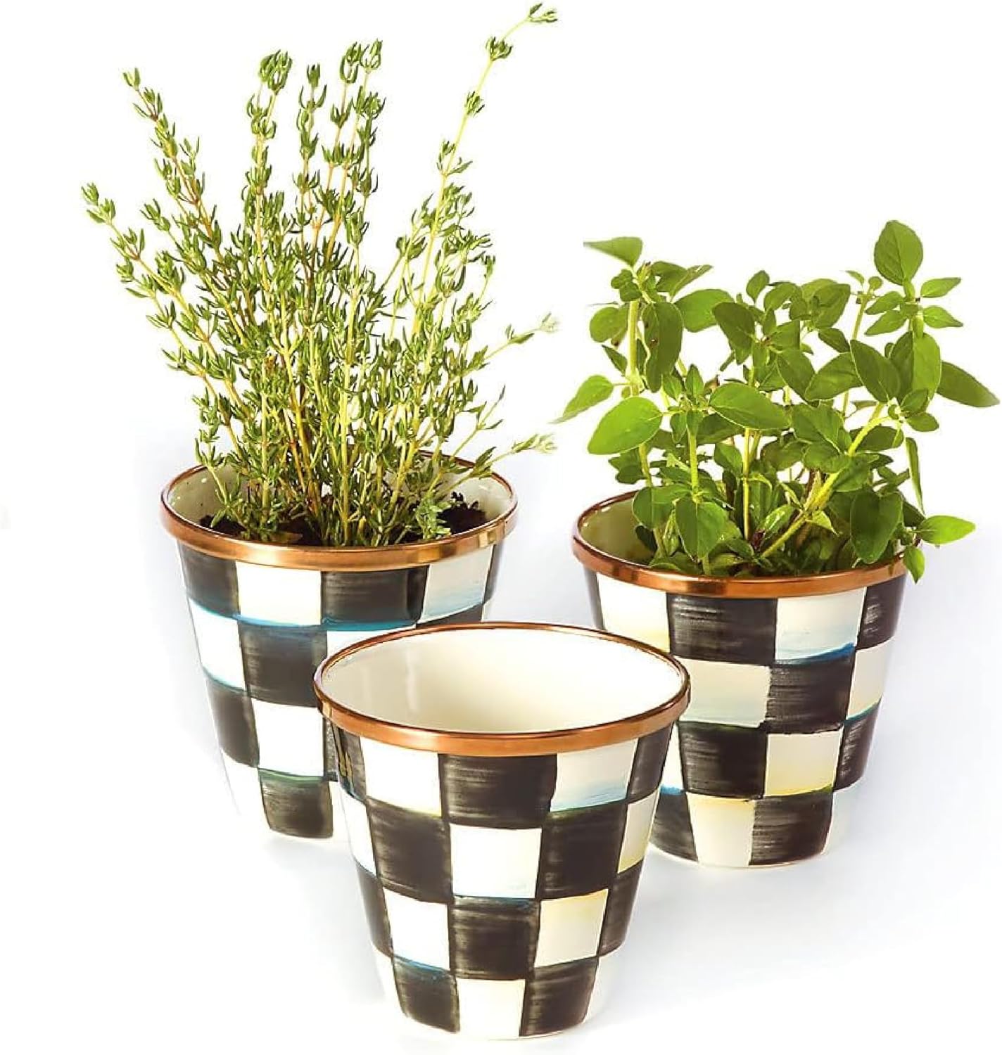 MACKENZIE-CHILDS Enamel Herb Pots, Small Plant Pots for Herbs or Flowers, Set of 3, Black-and-White