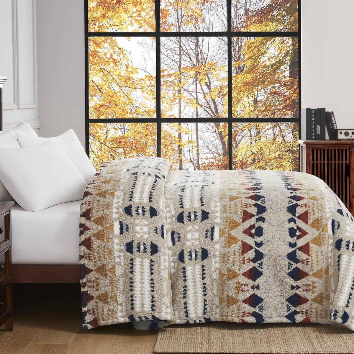CASAAGUSTO Boho Sherpa Throw Blanket, Aztec Queen Blanket, Ultra Soft, Warm, Cozy, Plush, Thick