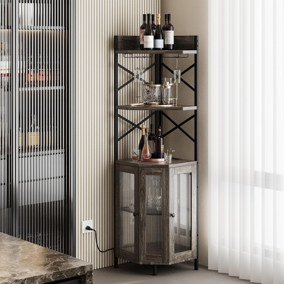 Corner Bar Cabinet with Power Outlet, 5-Tier Corner Wine Cabinet with Led Strip and Glass Holder