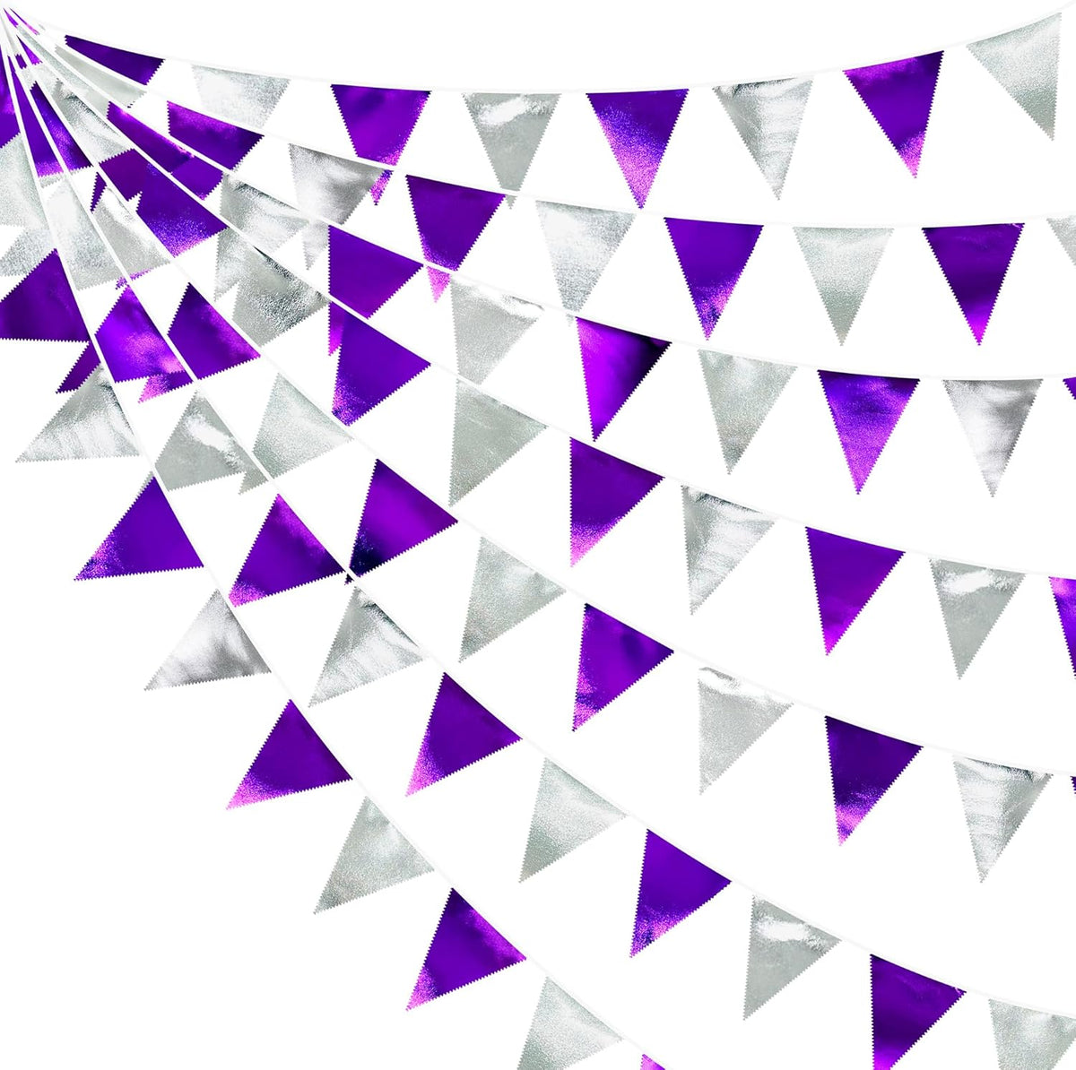 Purple and Silver Party Decorations Triangle Pennant Banner Flag Metallic Fabric Bunting Garland