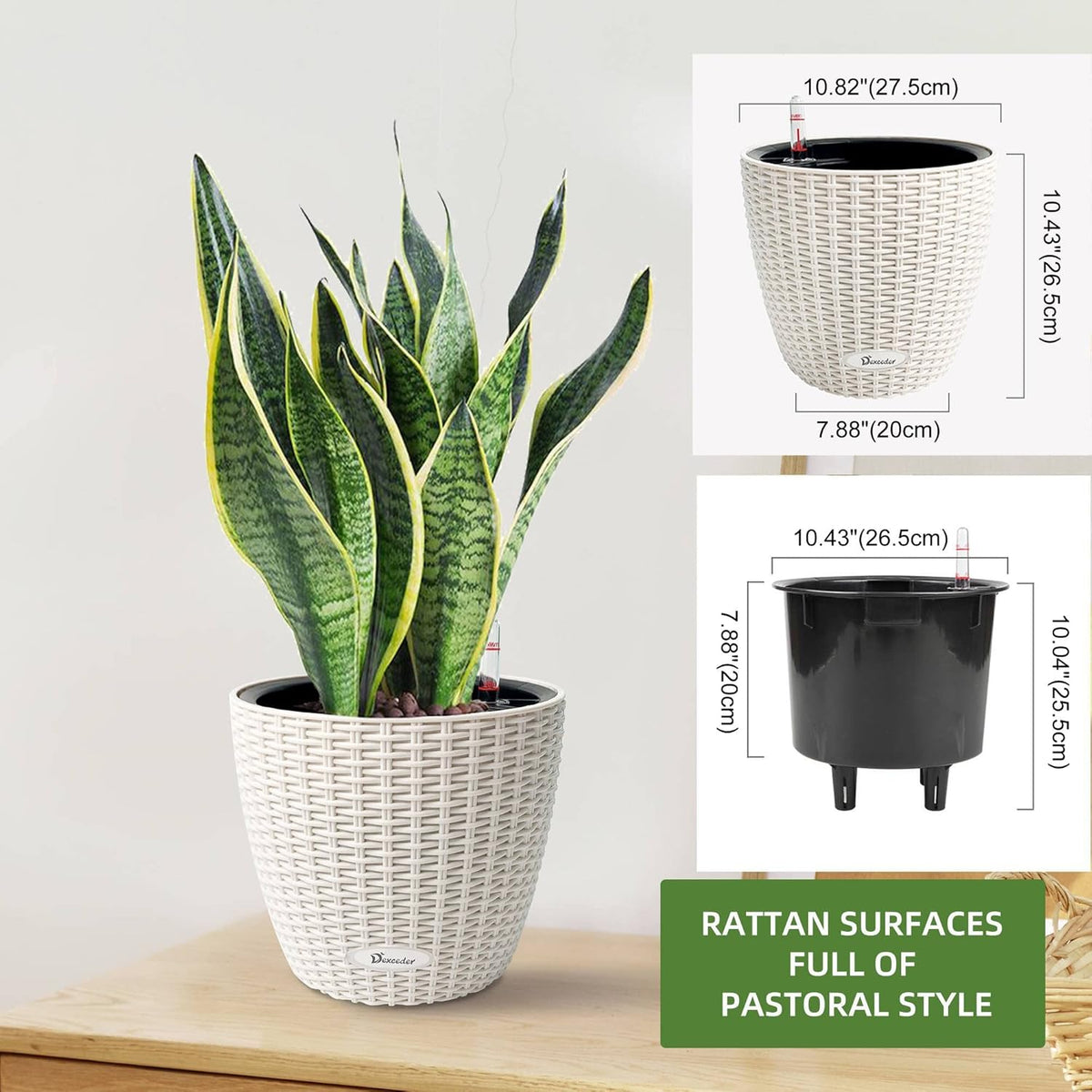 Dexceder 11x10 Inches Rattan Self Watering Planter Indoor Outdoor, Inner Pot Design, Thickened