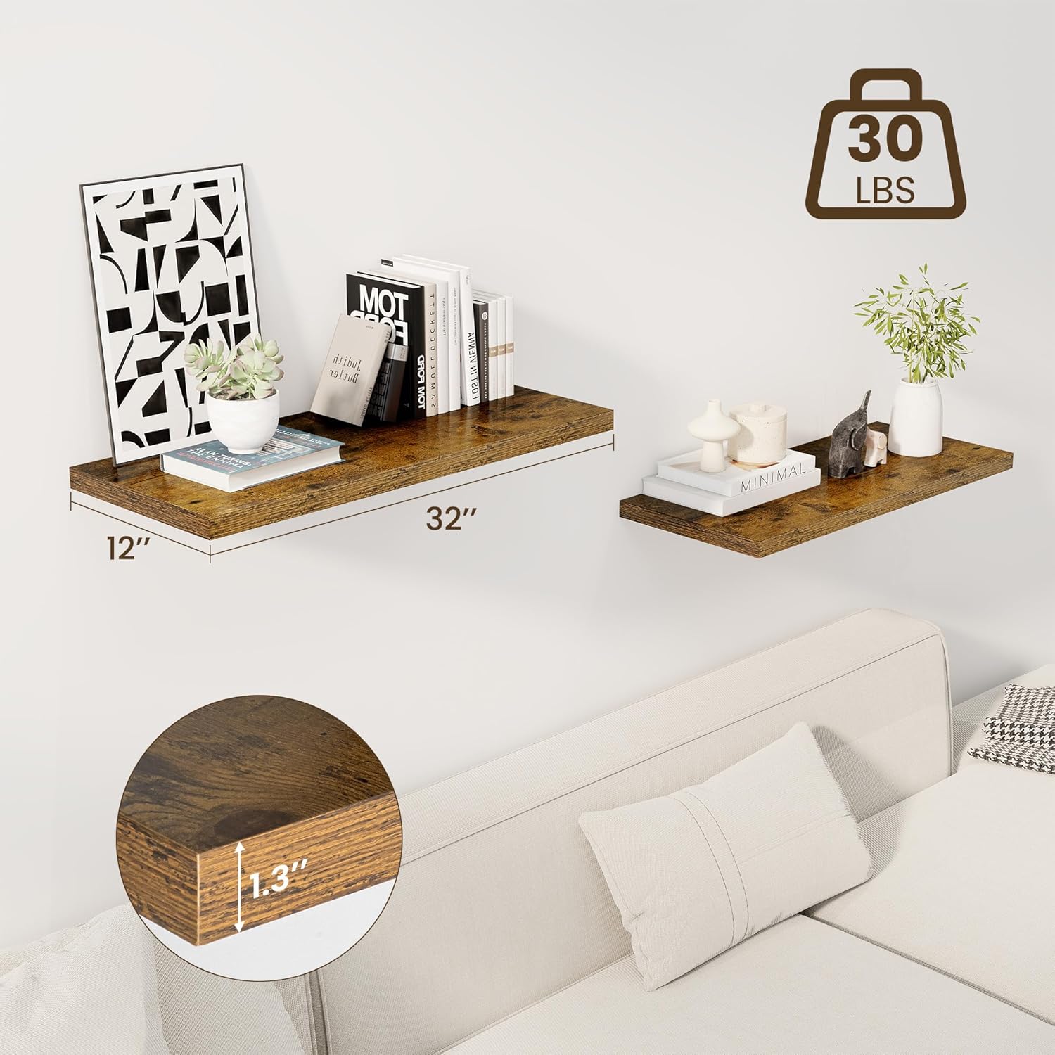 32" Floating Shelves for Wall, 12" Deep Slim Rustic Brown Floating Shelves, Wall-Mounted Shelves