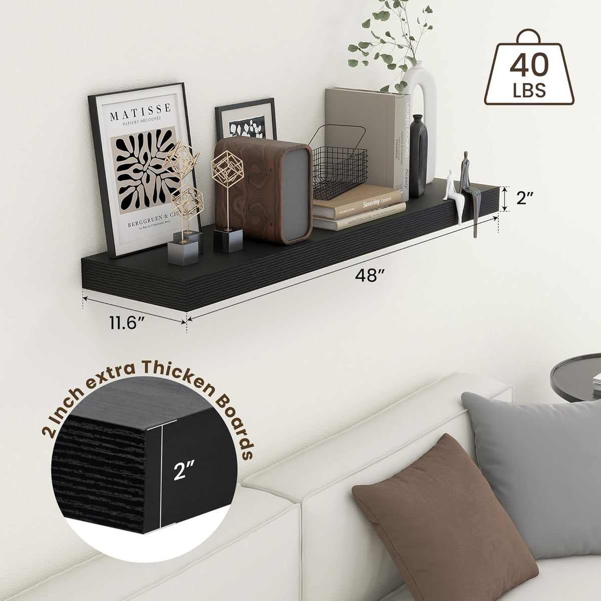 12'' Deep Floating Shelves, 48 Inch Large Floating Shelf Black, Deep Wall Shelves for Living Room