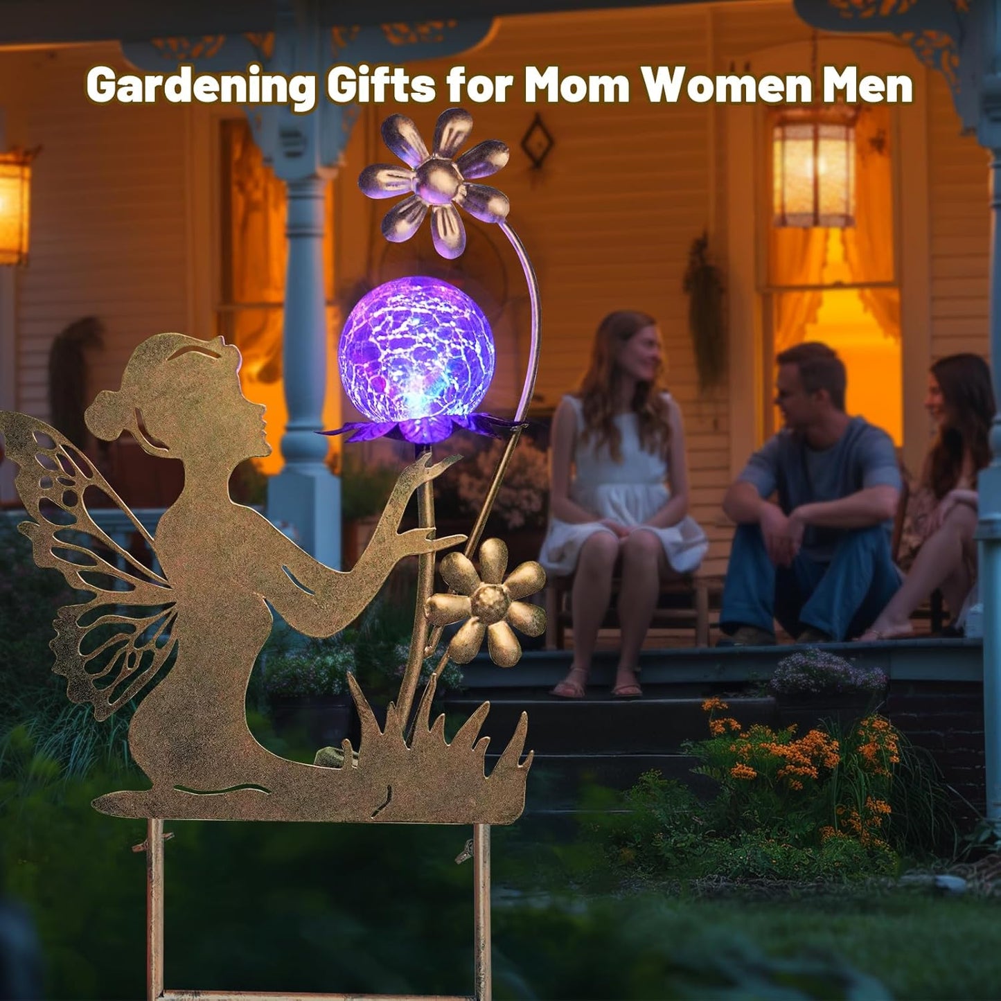 HONGLAND Solar Garden Lights Outdoor Decor, Fairy Figurine Moon Crackle Glass Lights Stake