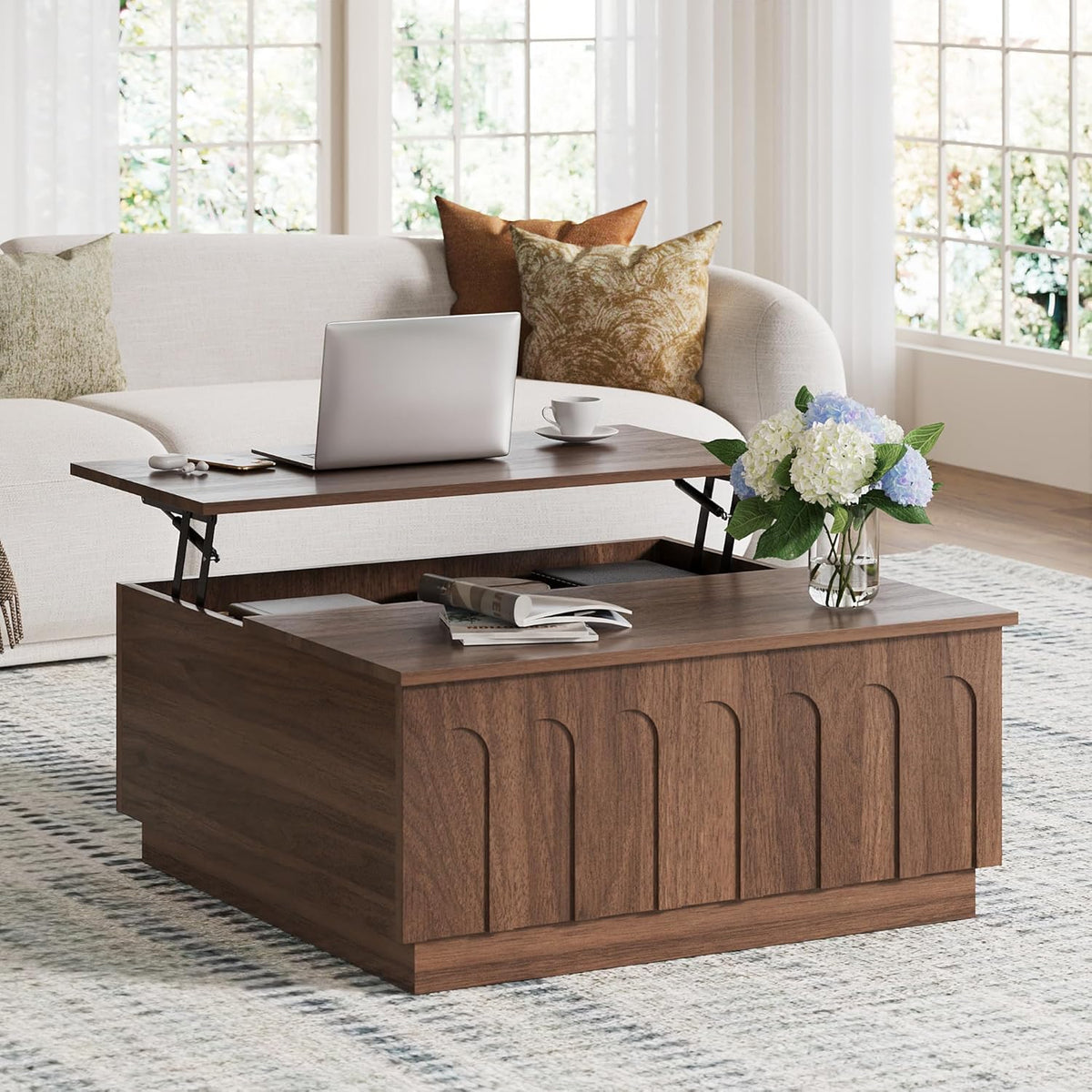 Lift Top Coffee Table with Storage, Mid Century Modern Coffee Table with Arched Design, 31.5"