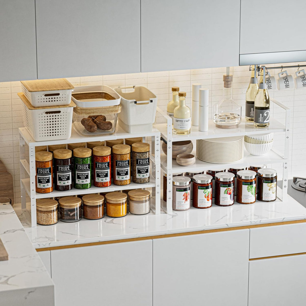 Expandable,Stackable Spice Rack,Seasoning Organizer and Storage,Spices Jar Racks for