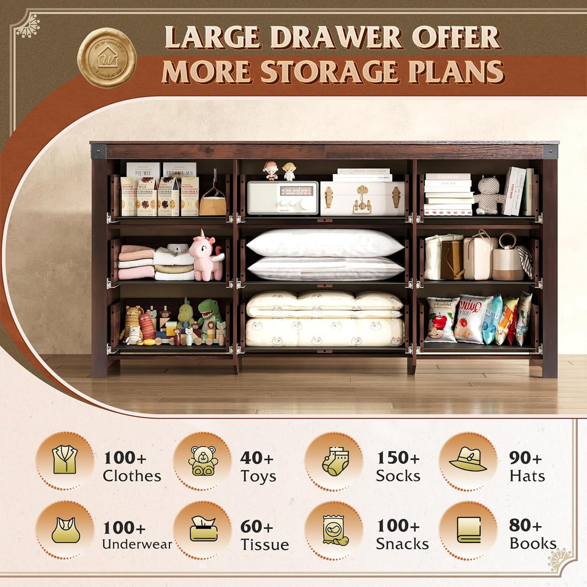 WLIVE Farmhouse Dresser for Bedroom, 63" Wide 9 Drawer Dresser Storage Organizer, Wood Chest of