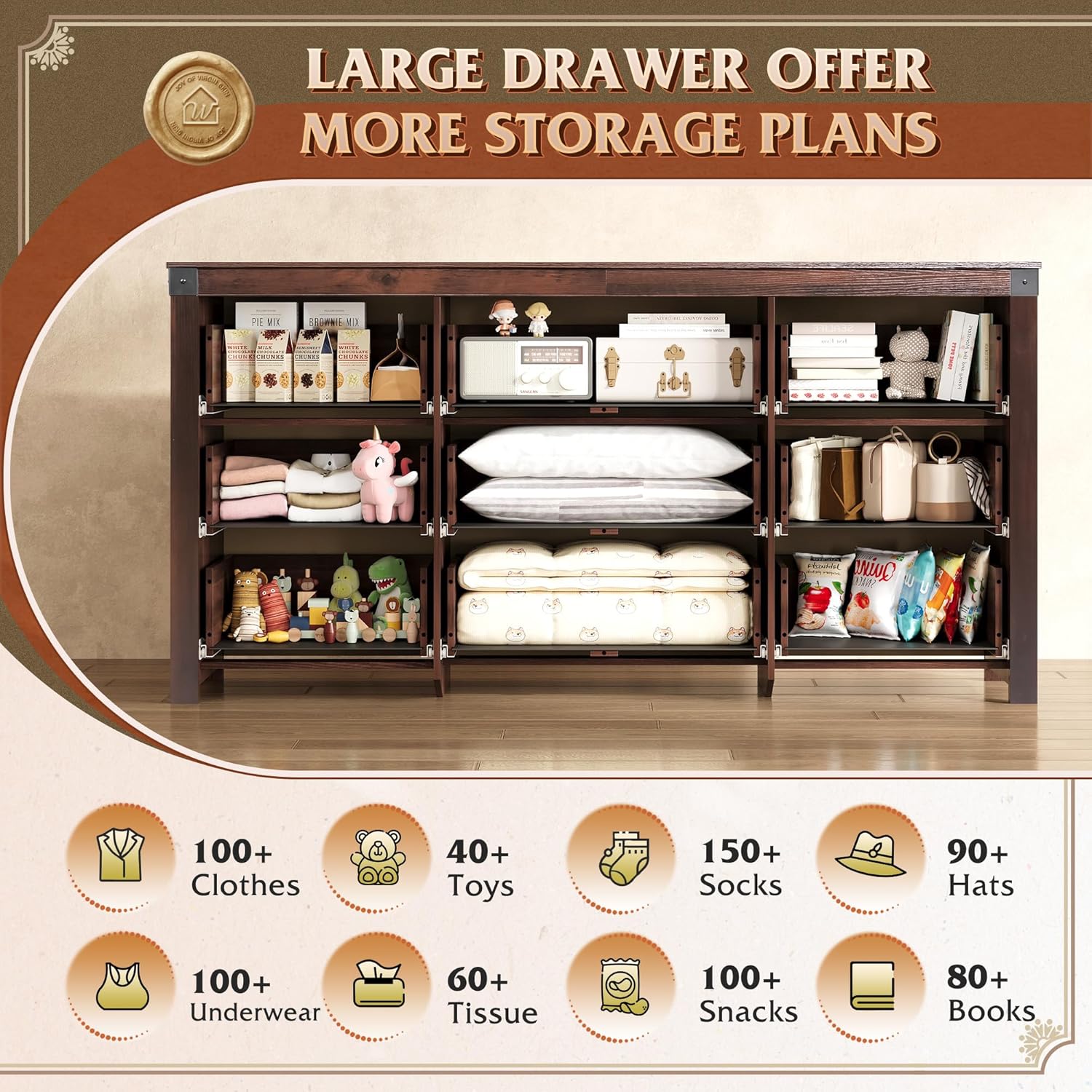 WLIVE Farmhouse Dresser for Bedroom, 63" Wide 9 Drawer Dresser Storage Organizer, Wood Chest of
