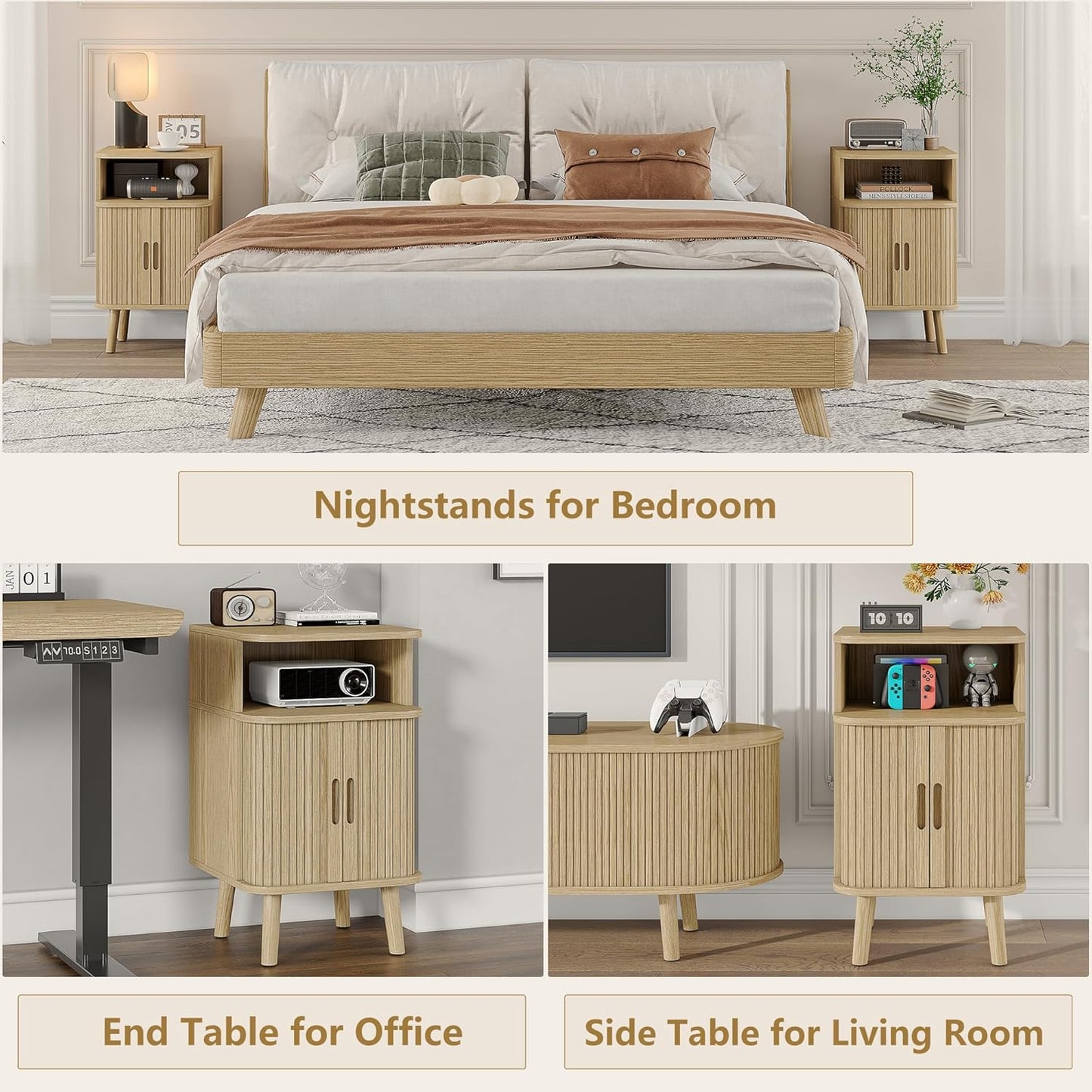 Alohappy Mid Century Modern End Table, Fluted Wood Nightstand with Sliding Tambour Door, Curved
