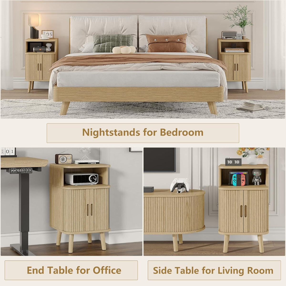 Alohappy Mid Century Modern End Table, Fluted Wood Nightstand with Sliding Tambour Door, Curved