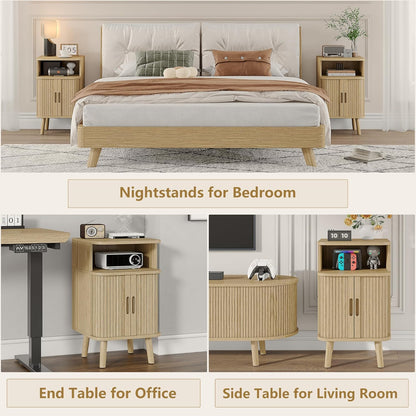 Alohappy Mid Century Modern End Table, Fluted Wood Nightstand with Sliding Tambour Door, Curved