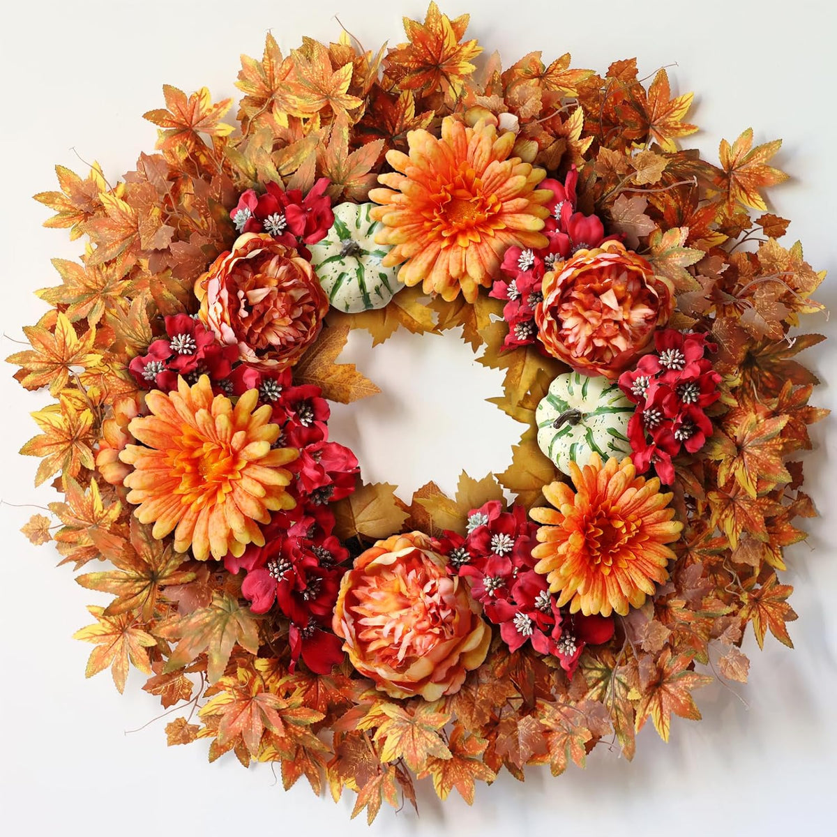 26" Fall Wreath for Front Door - Large Artificial Maple Leaves Fake Silk Peony Faux Pumpkin Outdoor