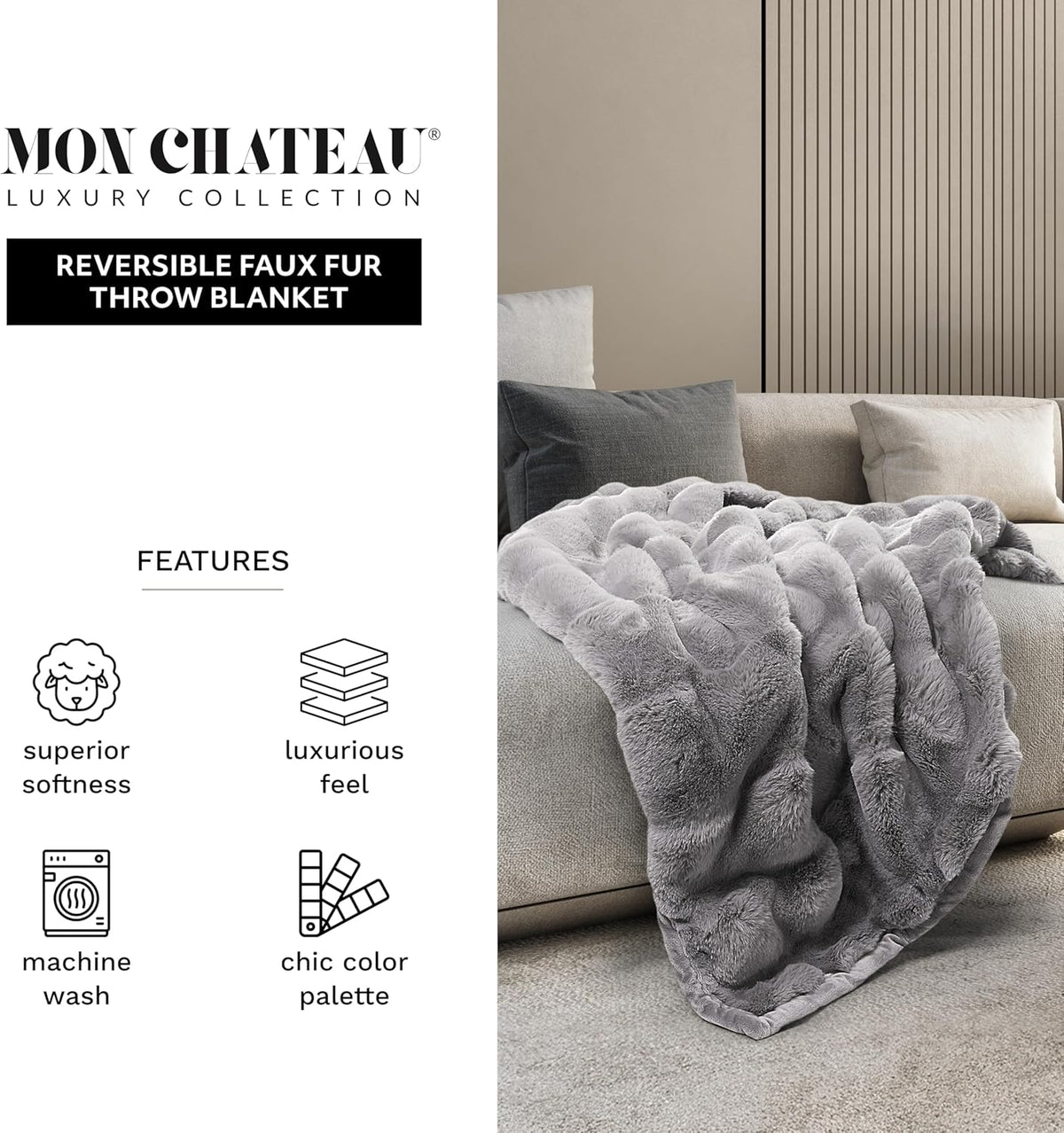 Mon Chateau 60" x 70" Faux Fur Throw Blanket - Reversible Soft Blanket for Queen-Size Bed, Couch