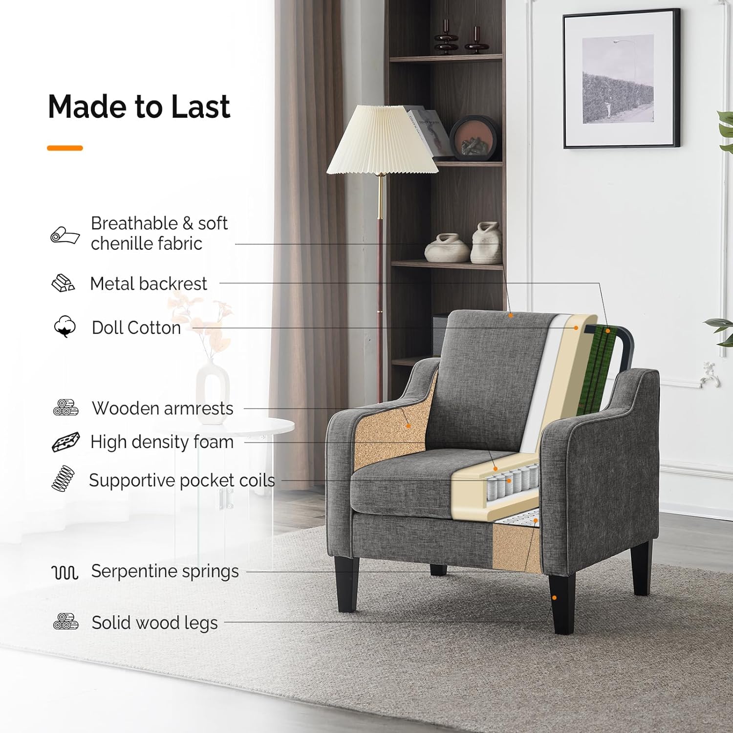 VINGLI Accent Chairs Set of 2 for Living Room, Light Grey Mid Century Modern Chair Soft Chenille