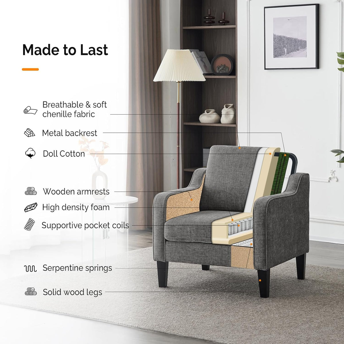 VINGLI Accent Chairs for Living Room Chairs Reading Chair Mid Century Modern Chair Soft Chenille
