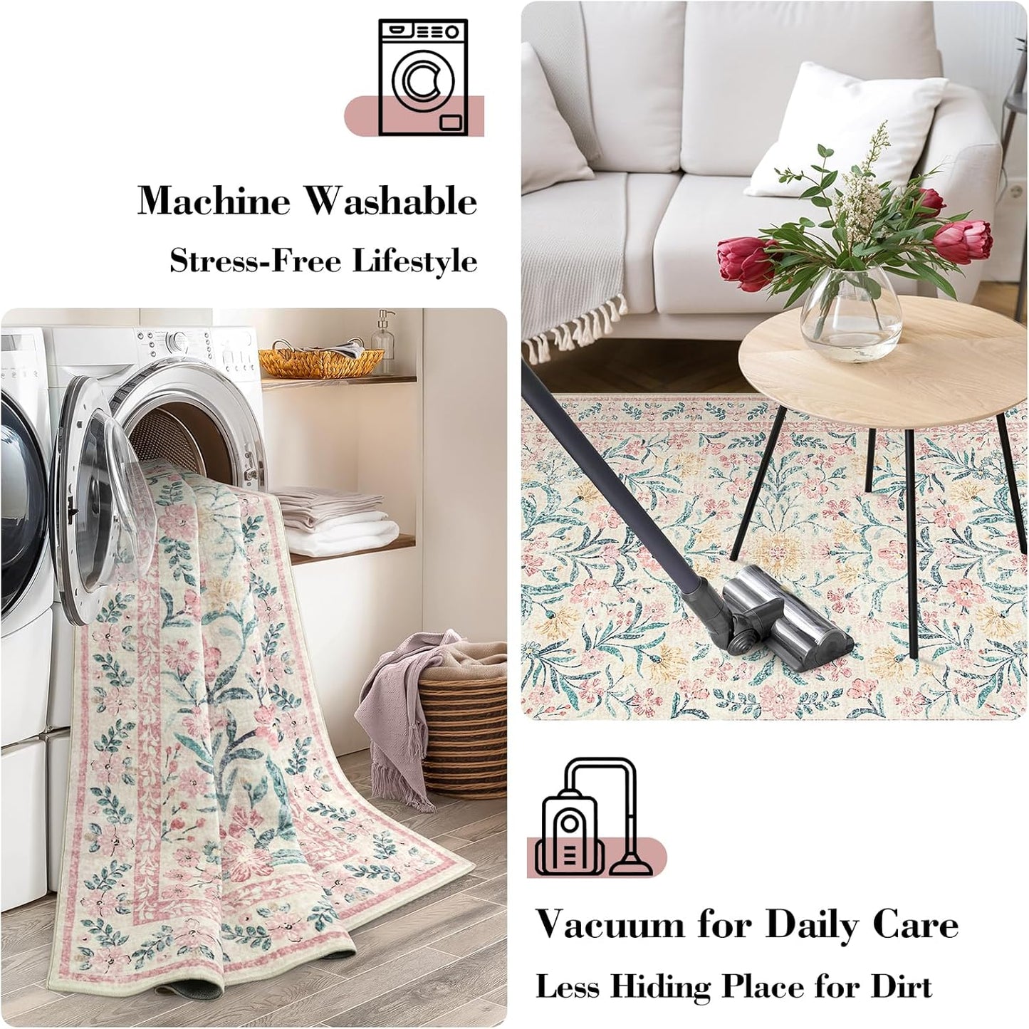 Wonnitar Washable Area Rug 6x9, Pink Floral Rugs for Bedroom Girls Soft Living Room Carpet