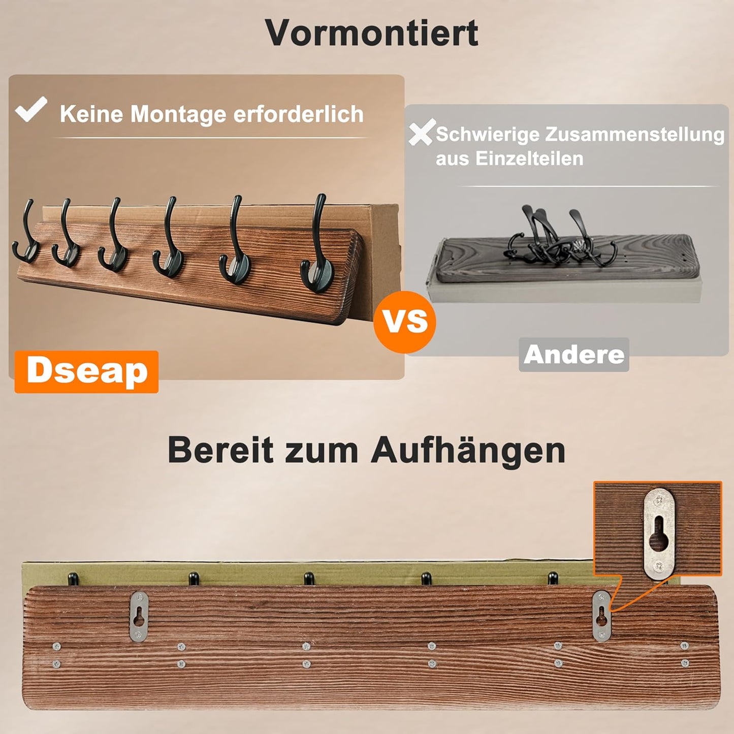 Dseap Coat Rack Wall: 24" Long, Patented, Heavy-Duty, 6-Double-Hooks Wooden Wall Mounted Coat Rack