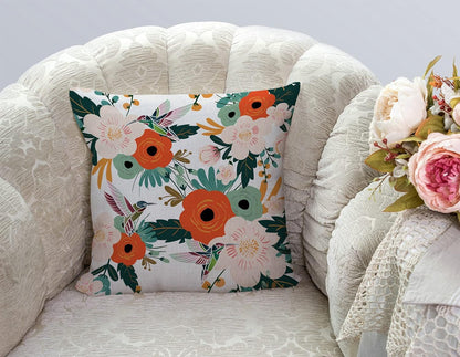 TSSOHU Flower and Hummingbird Pillow Cover Cotton Linen Spring Red Flower Green Leaves Boho