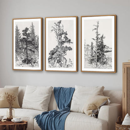 SIGNINART Vintage Tree Framed Wall Art Set , Black and White Antique Sketchbook Forest Painting