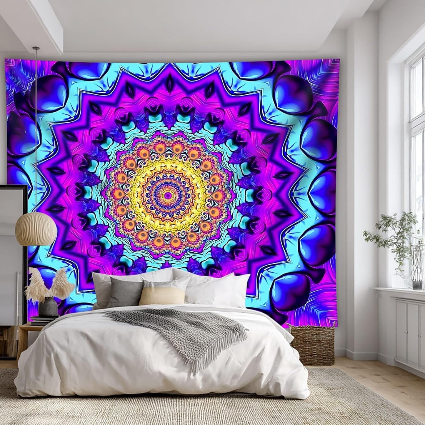 Blacklight Mandala Tapestry for Bedroom, Black Light Posters for Adults and Teens, Colorful UV