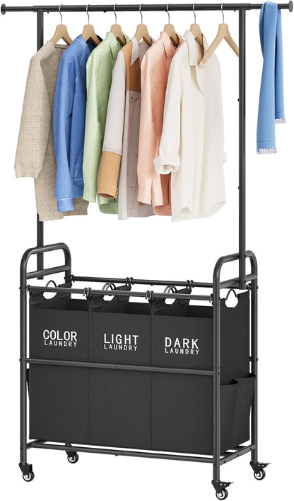 Tajsoon Laundry Sorter Cart with Hanging Rack, Laundry Sorter 3 Section, Laundry Hamper with Heavy
