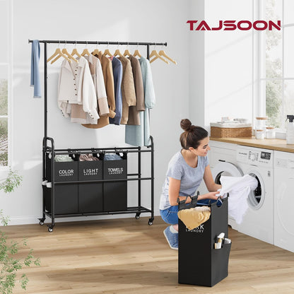 Tajsoon Laundry Sorter Cart with Hanging Clothes Rack, 4 Butler Sorter Basket Organizer, Laundry