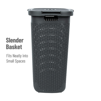 Mind Reader Slim Laundry Hamper with Lid, 60L Tall Clothes Basket, Narrow Tapered Design for