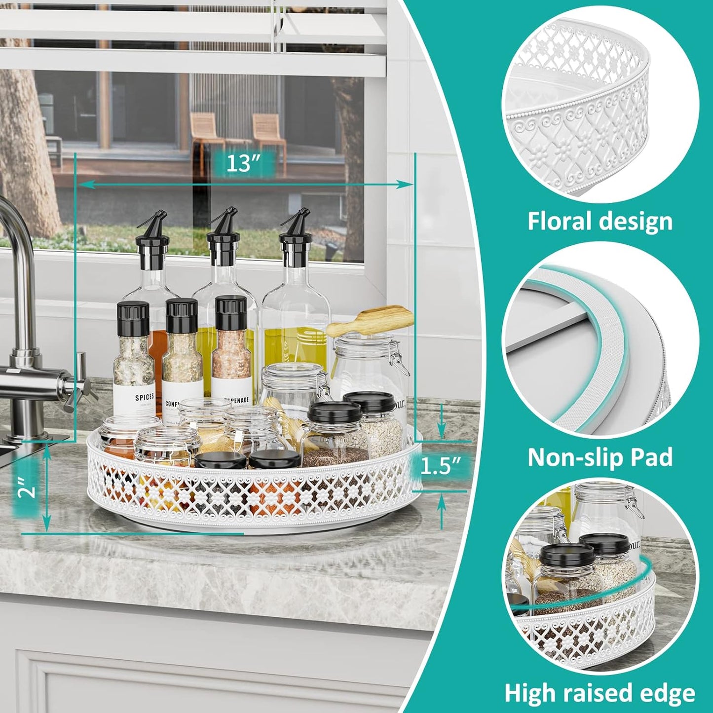 Ovicar Lazy Susan Turntable Organizer - 13 inch Rotating Spice Rack Metal Lazy Susan for Cabinet