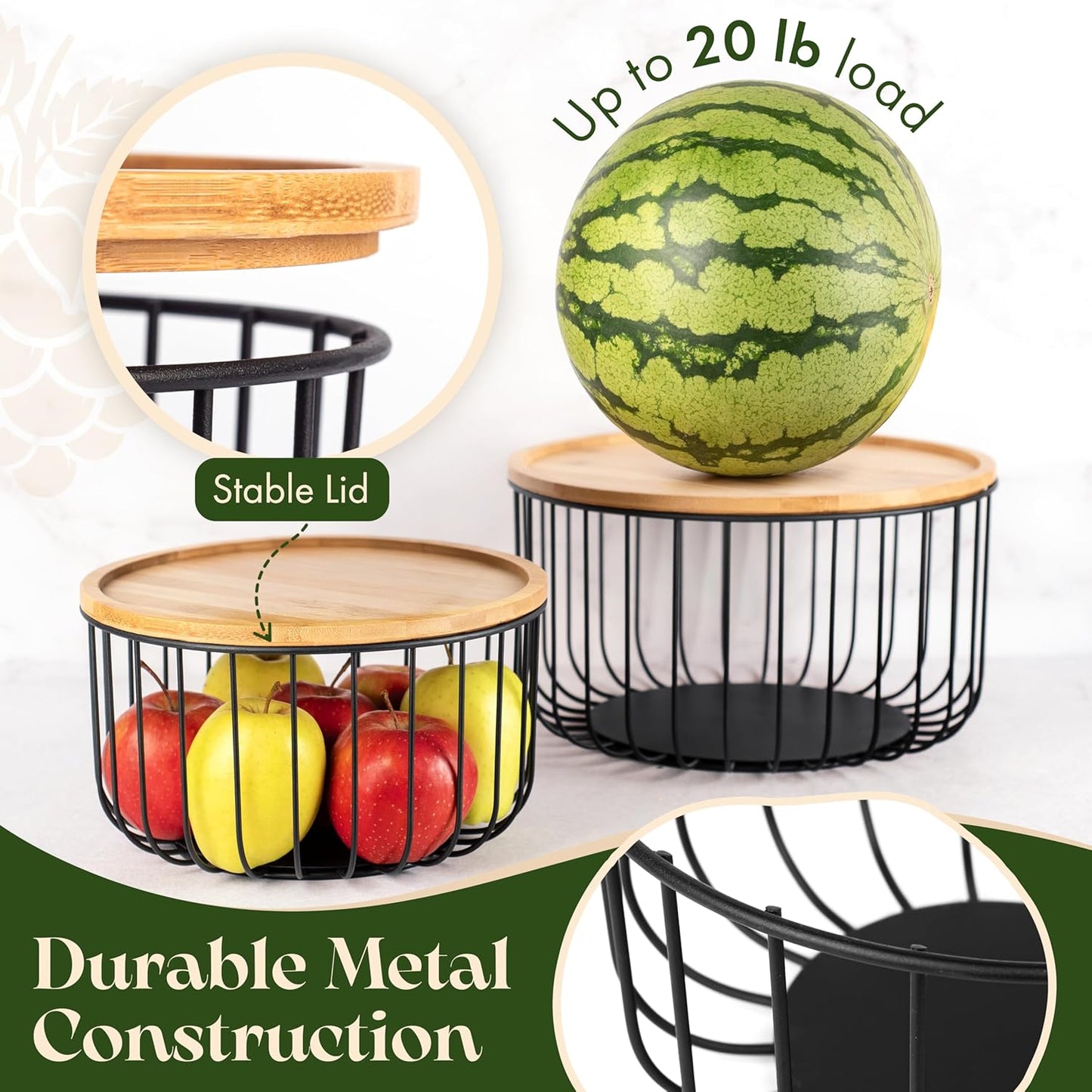 Fruit Basket for Kitchen Counter Set of 3 - Large Stackable Baskets with Bamboo Lid - Perfect